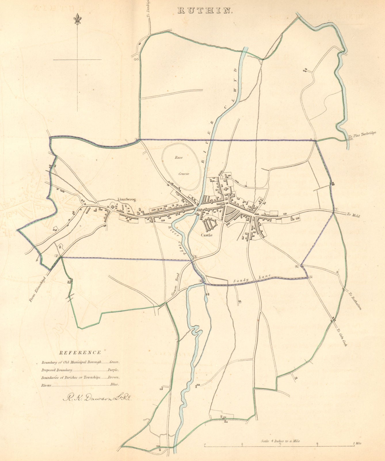 RUTHIN borough/town plan. BOUNDARY COMMISSION. Wales. DAWSON 1837 old map